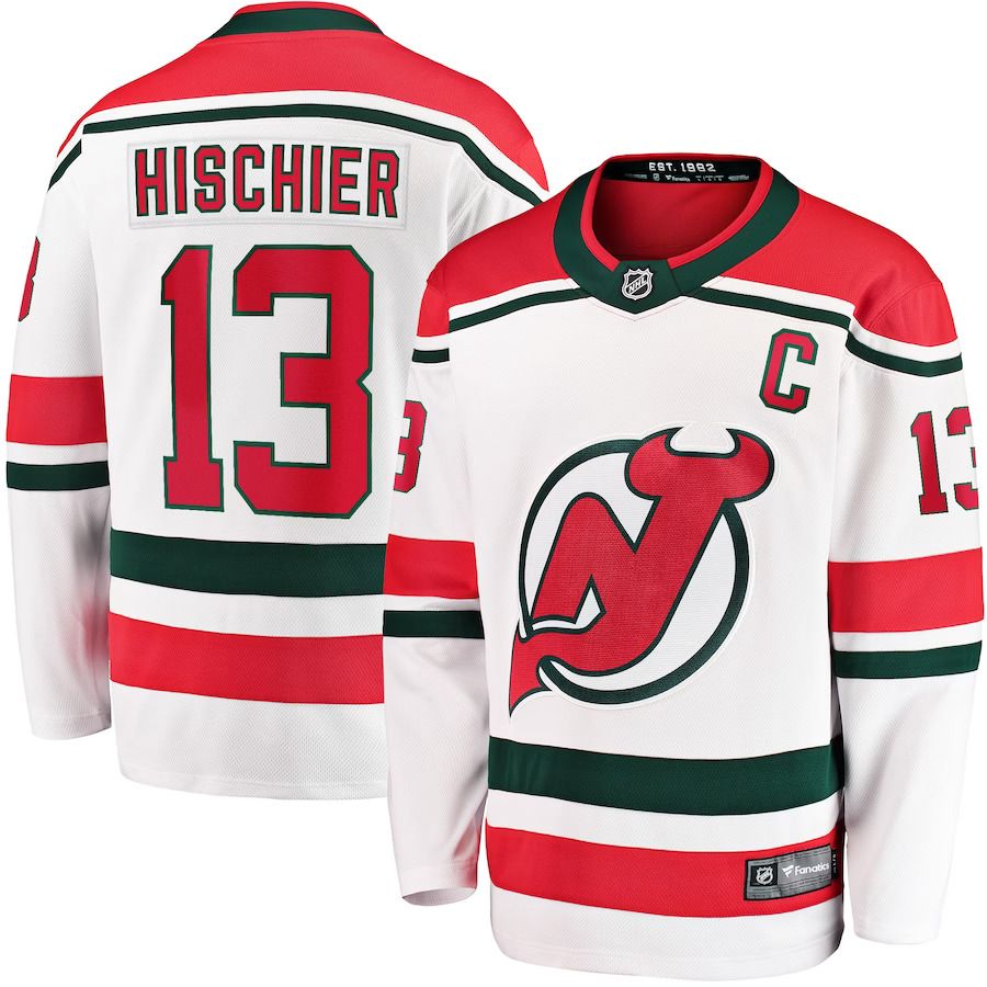 Men New Jersey Devils #13 Nico Hischier Fanatics Branded White 2022-23 Heritage Premier Breakaway NHL Jersey